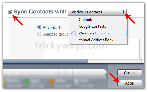 sync contacts by means of  windows