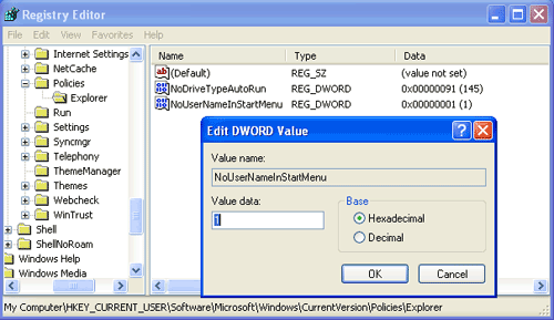 Removing Username from Start mEnu in Windows XP