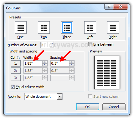Columns width and spacing in word