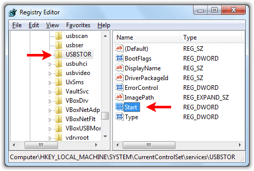 Registry Editor USBSTOR