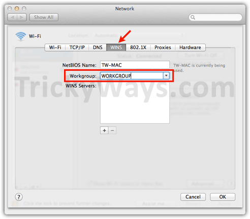 OS X network WINS settings