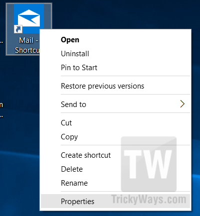 shortcut properties windows 10