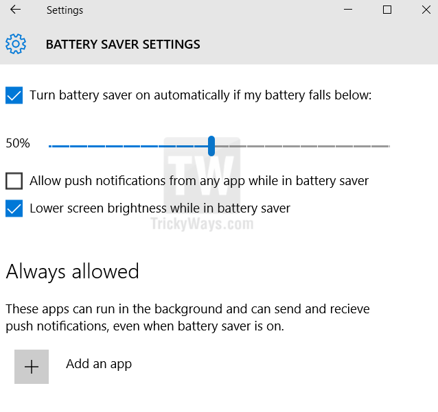 battery saver settings windows 10