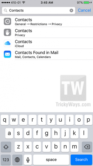 search options in settings ios 9