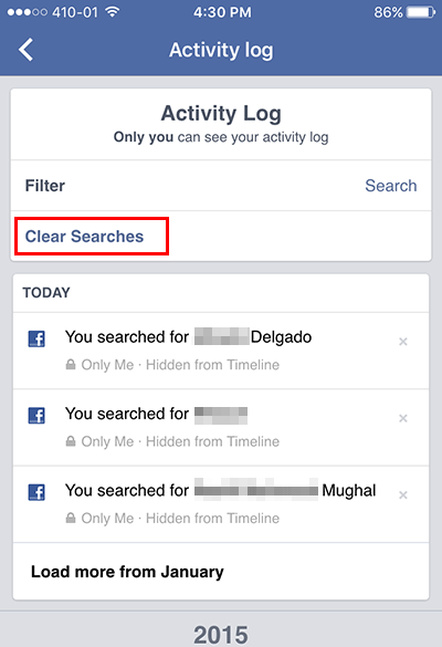 facebook search activity log
