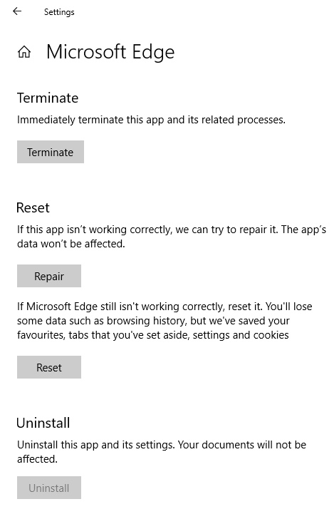 terminate, repair or reset windows 10 app