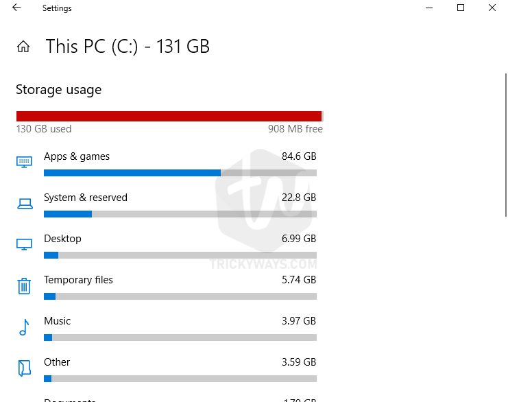 storage usage Windows 10 PC
