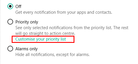 Windows focus assist customise priority list