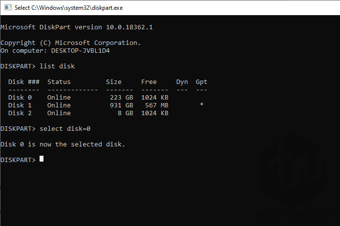 Command Prompt select disk
