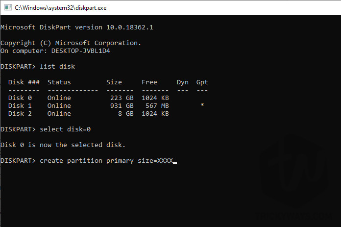 Command Prompt create partition primary