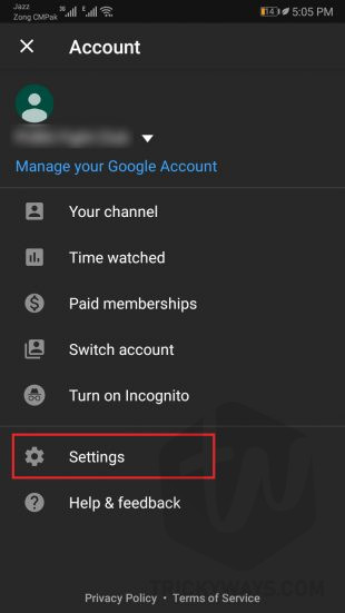 YouTube App account settings