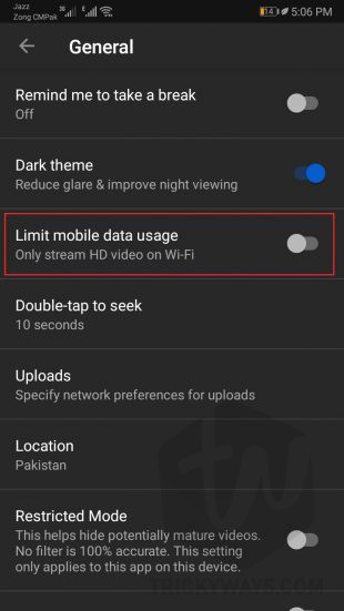 YouTube App limit mobile data usage