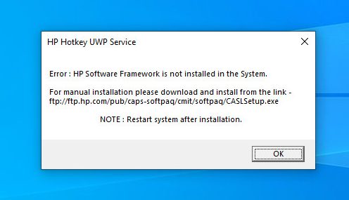 HP Hotkey UWP Service - Error: HP Software Framework is not installed in the system