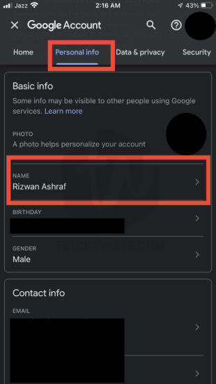 edit personal information google gmail app